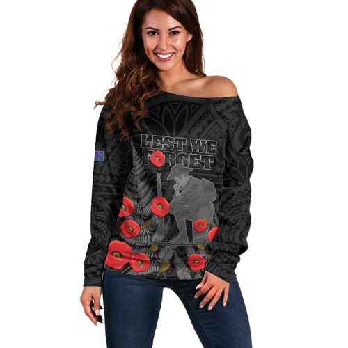 Personalised New Zealand ANZAC Day Off Shoulder Sweater Lest We Forget Soldier Memorial