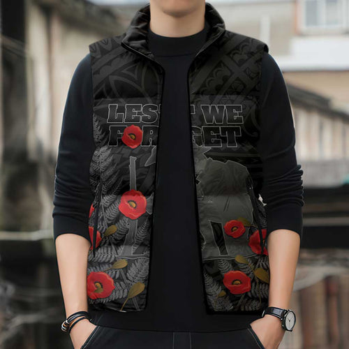 Personalised New Zealand ANZAC Day Sleeveless Puffer Jacket Lest We Forget Soldier Memorial