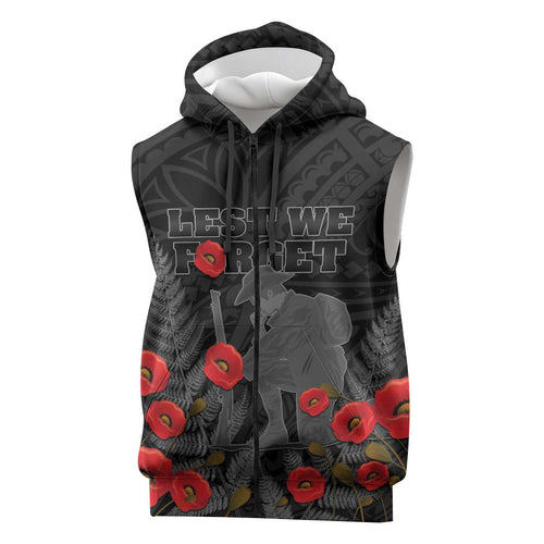 Personalised New Zealand ANZAC Day Sleeveless Zip Hoodie Lest We Forget Soldier Memorial