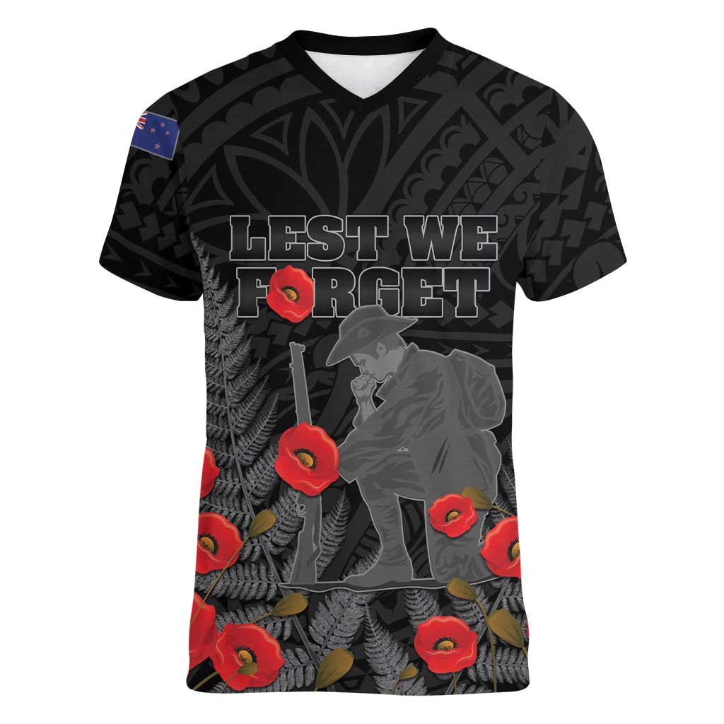 Personalised New Zealand ANZAC Day Women V-Neck T-Shirt Lest We Forget Soldier Memorial