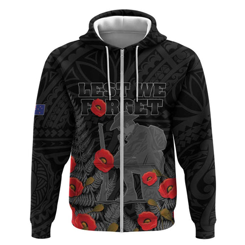 Personalised New Zealand ANZAC Day Zip Hoodie Lest We Forget Soldier Memorial