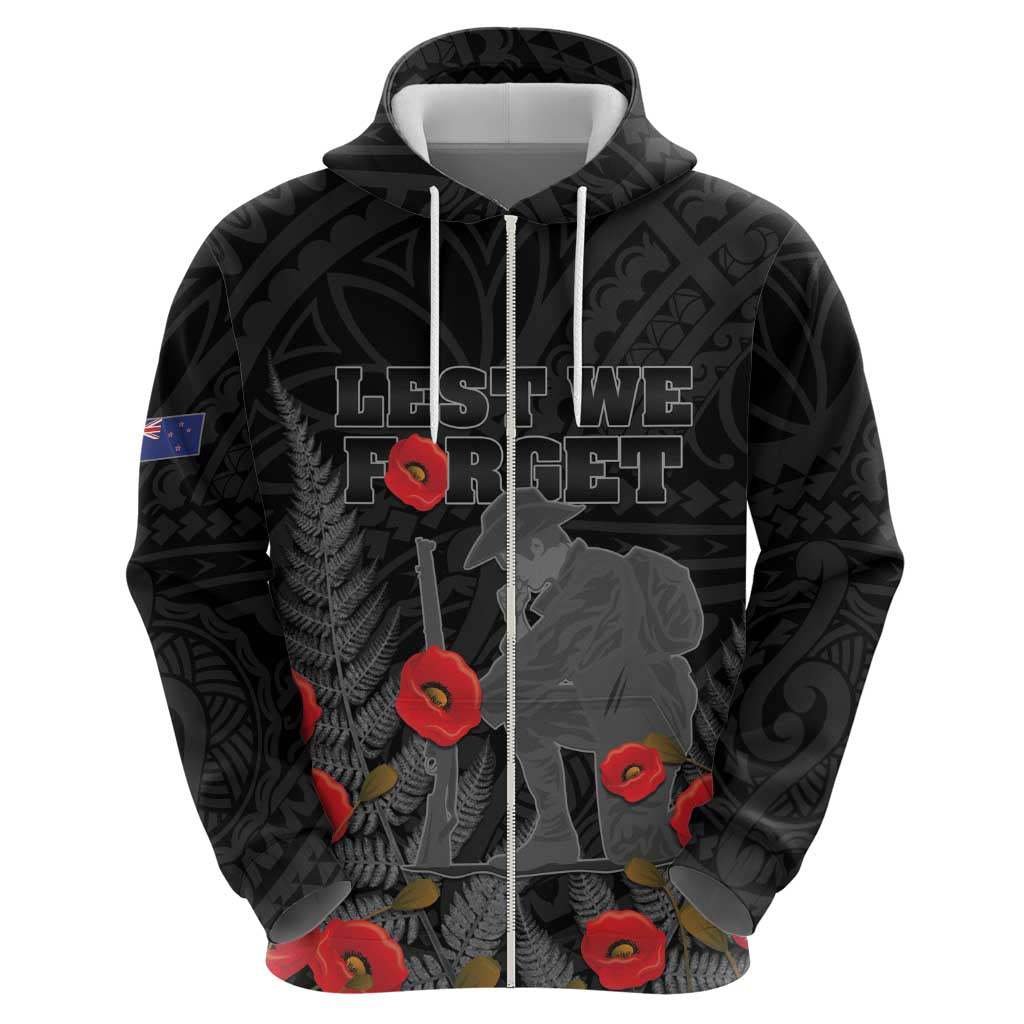 Personalised New Zealand ANZAC Day Zip Hoodie Lest We Forget Soldier Memorial