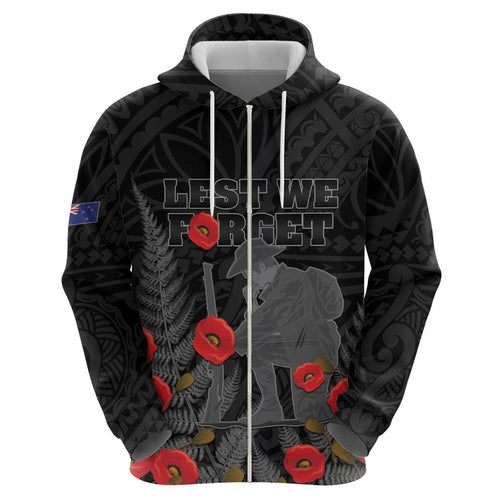 Personalised New Zealand ANZAC Day Zip Hoodie Lest We Forget Soldier Memorial