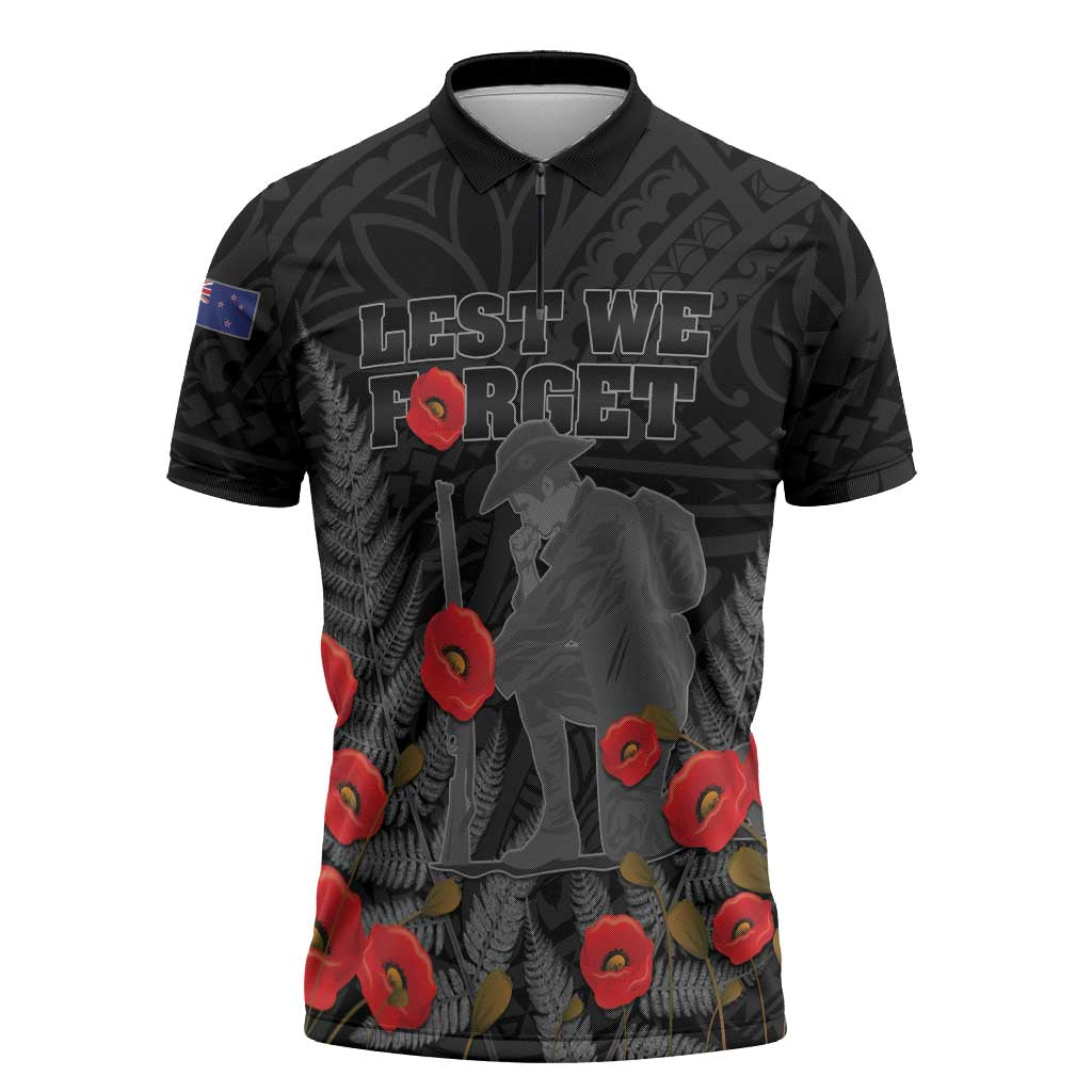 Personalised New Zealand ANZAC Day Zipper Polo Shirt Lest We Forget Soldier Memorial