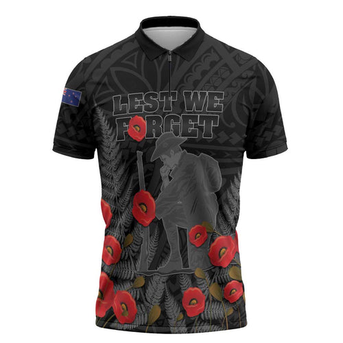 Personalised New Zealand ANZAC Day Zipper Polo Shirt Lest We Forget Soldier Memorial