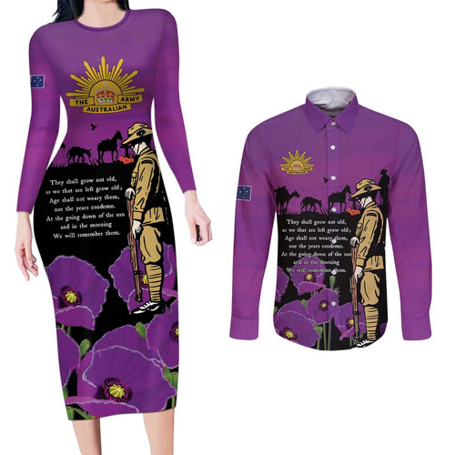 ANZAC Soldier and War Animals Couples Matching Long Sleeve Bodycon Dress and Long Sleeve Button Shirt We Will Remember Them