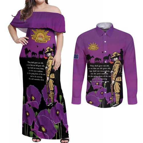 ANZAC Soldier and War Animals Couples Matching Off Shoulder Maxi Dress and Long Sleeve Button Shirt We Will Remember Them