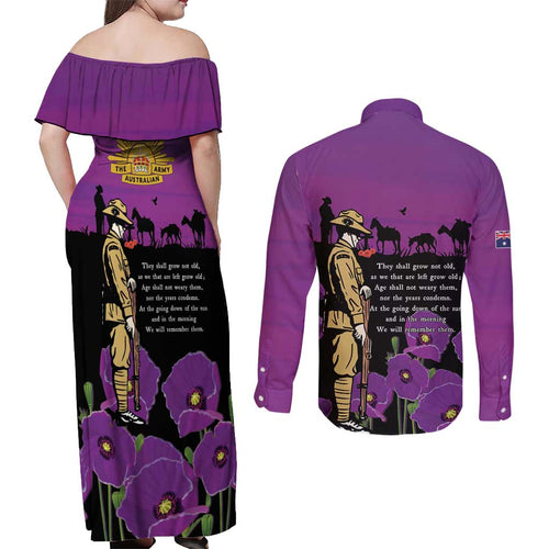 ANZAC Soldier and War Animals Couples Matching Off Shoulder Maxi Dress and Long Sleeve Button Shirt We Will Remember Them
