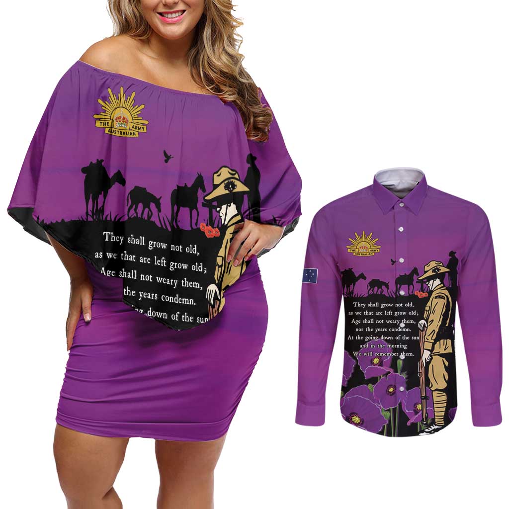ANZAC Soldier and War Animals Couples Matching Off Shoulder Short Dress and Long Sleeve Button Shirt We Will Remember Them