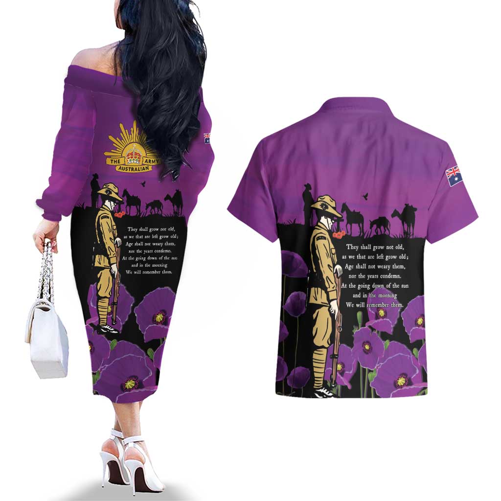 ANZAC Soldier and War Animals Couples Matching Off The Shoulder Long Sleeve Dress and Hawaiian Shirt We Will Remember Them