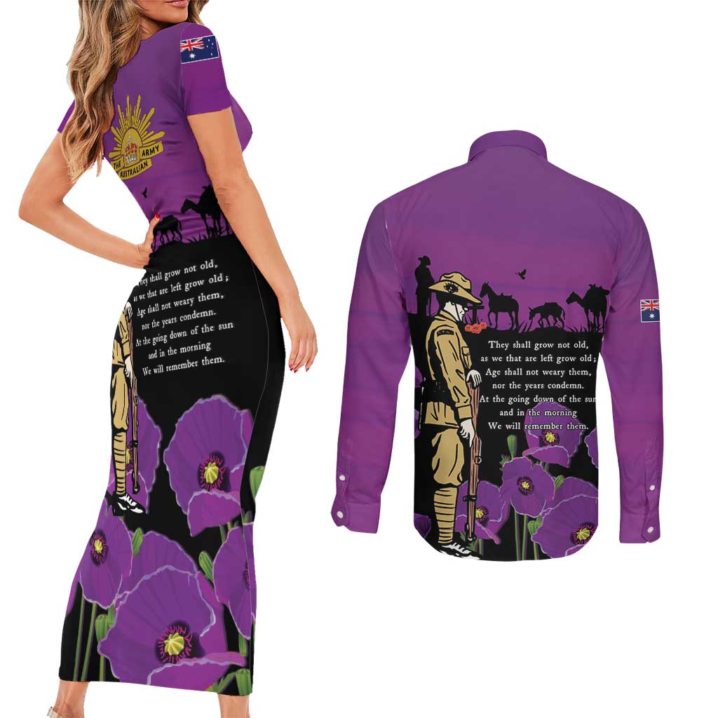ANZAC Soldier and War Animals Couples Matching Short Sleeve Bodycon Dress and Long Sleeve Button Shirt We Will Remember Them