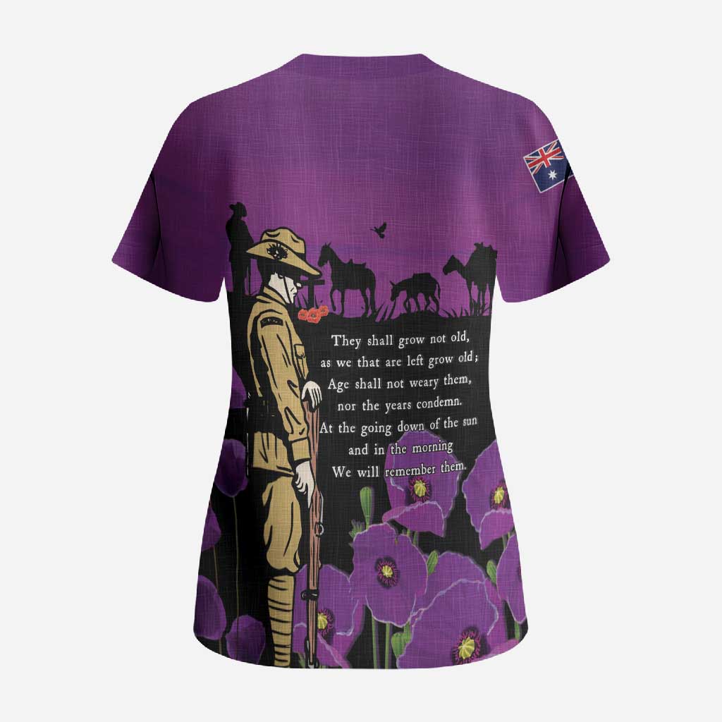 ANZAC Soldier and War Animals Scrub Top We Will Remember Them