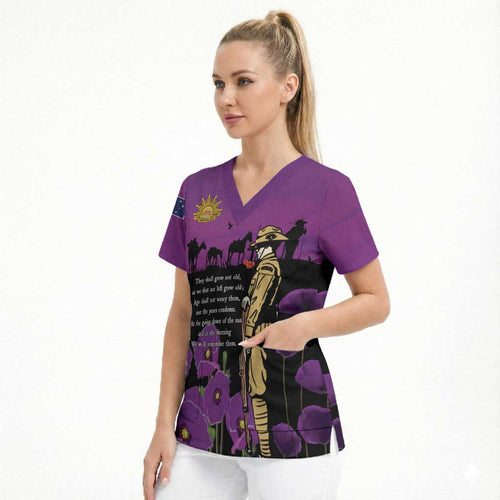 ANZAC Soldier and War Animals Scrub Top We Will Remember Them