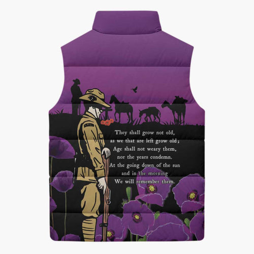 ANZAC Soldier and War Animals Sleeveless Puffer Jacket We Will Remember Them