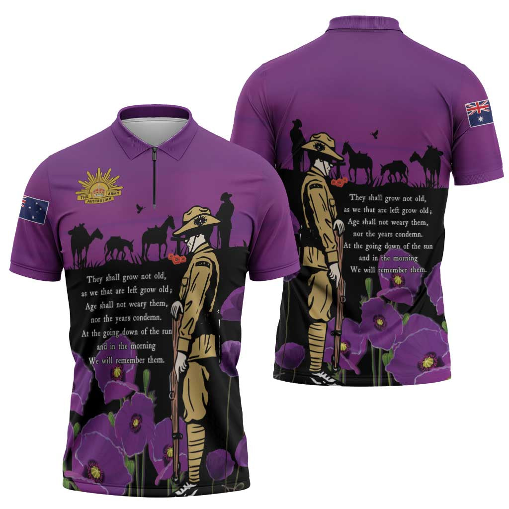 ANZAC Soldier and War Animals Zipper Polo Shirt We Will Remember Them