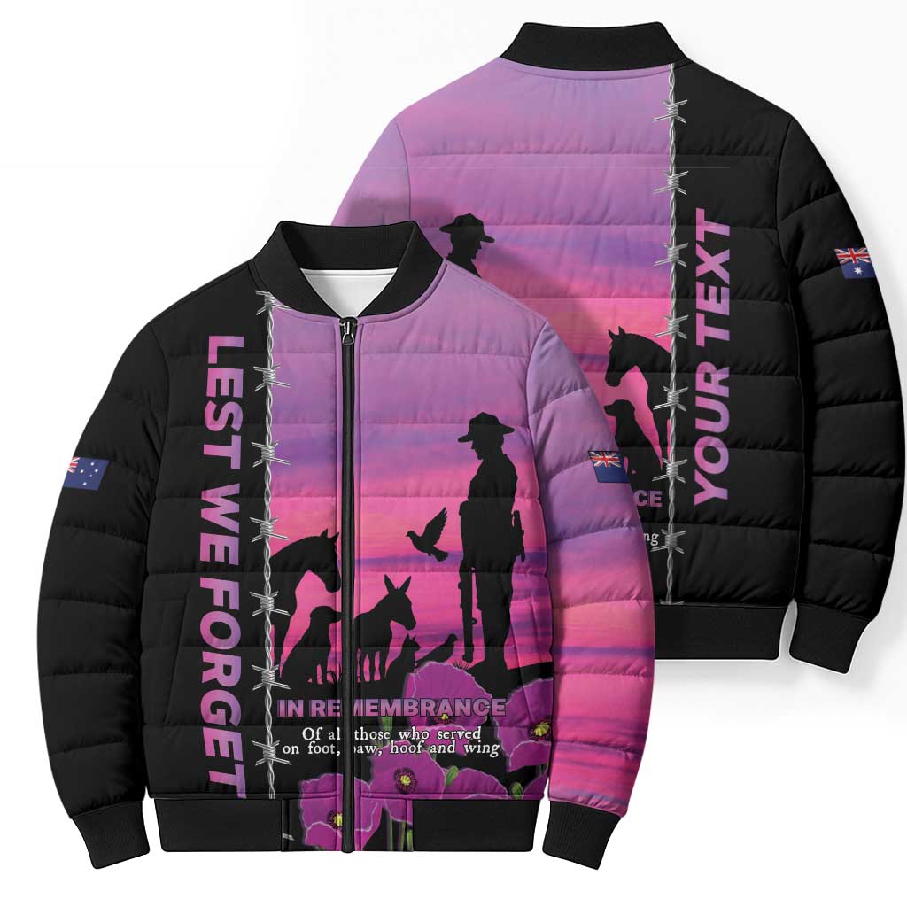 Personalised ANZAC War Animals Bomber Puffer Jacket Lest We Forget Memorial