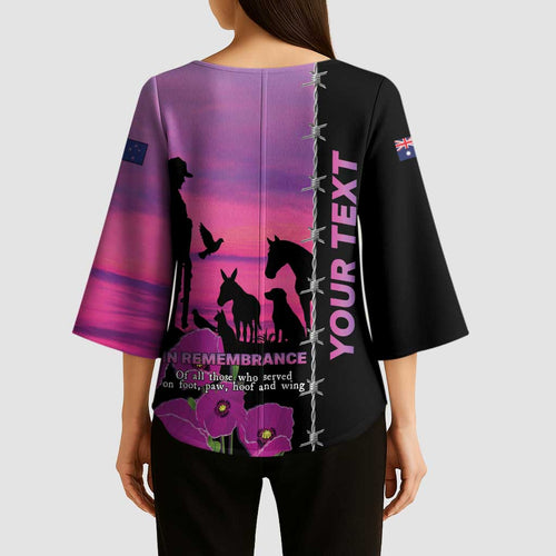 Personalised ANZAC War Animals Kimono Sleeve Blouse Lest We Forget Memorial