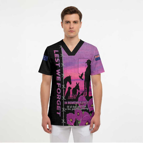 Personalised ANZAC War Animals Scrub Top Lest We Forget Memorial