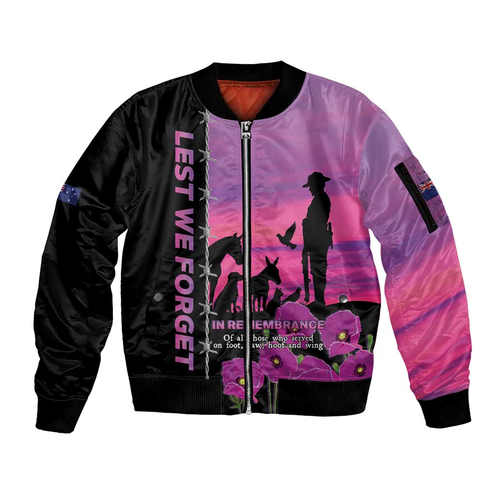 Personalised ANZAC War Animals Sleeve Zip Bomber Jacket Lest We Forget Memorial