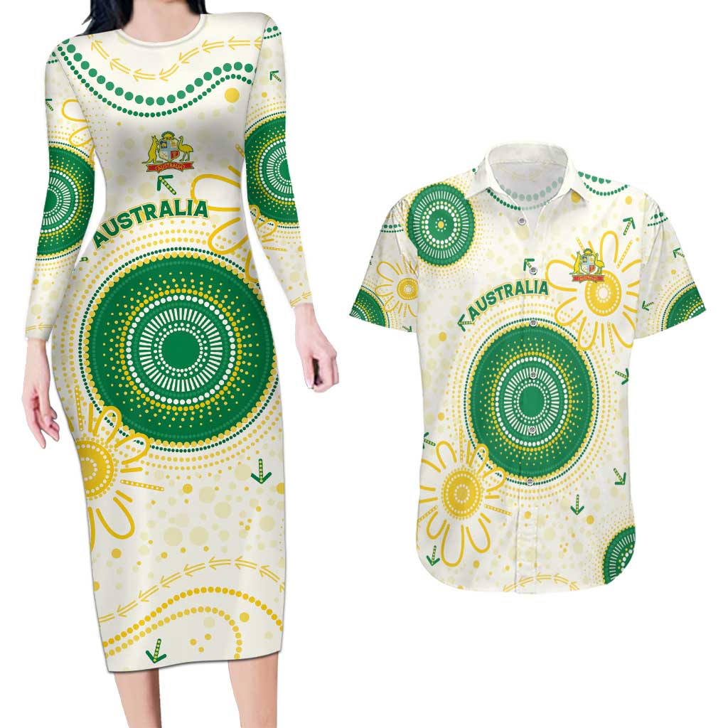 Custom Australia Cricket Couples Matching Long Sleeve Bodycon Dress and Hawaiian Shirt Aboriginal Pattern - Aussie Hoodie