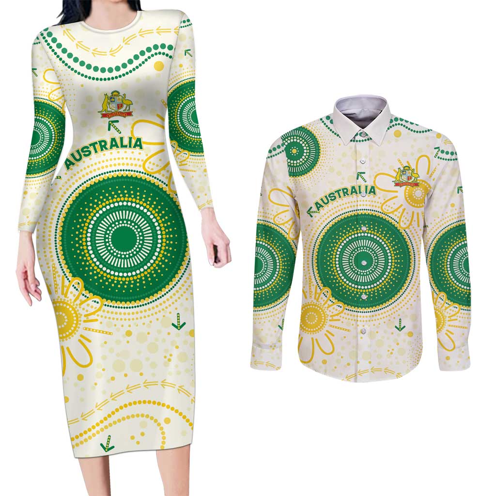 Custom Australia Cricket Couples Matching Long Sleeve Bodycon Dress and Long Sleeve Button Shirt Aboriginal Pattern - Aussie Hoodie
