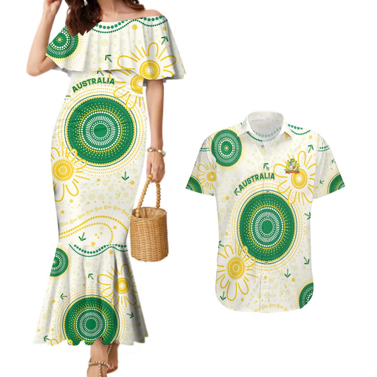 Custom Australia Cricket Couples Matching Mermaid Dress and Hawaiian Shirt Aboriginal Pattern - Aussie Hoodie