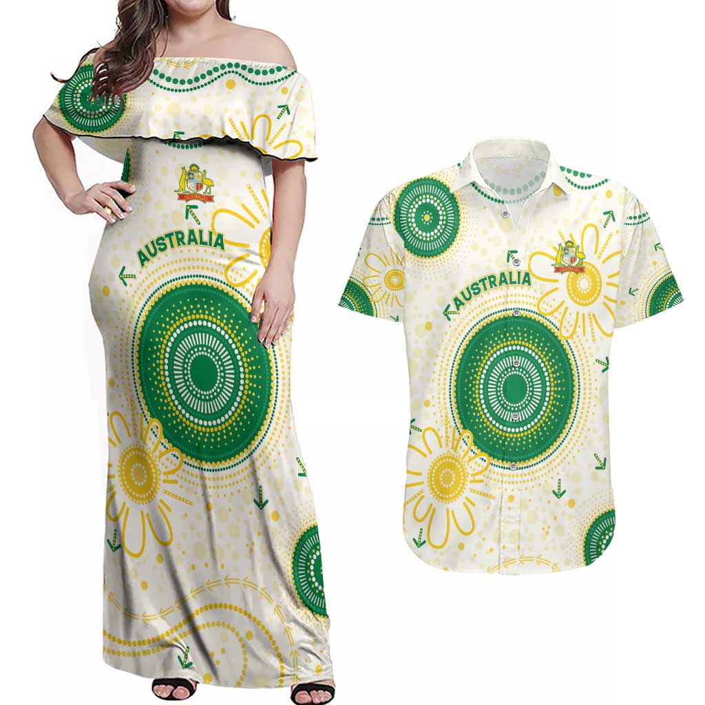Custom Australia Cricket Couples Matching Off Shoulder Maxi Dress and Hawaiian Shirt Aboriginal Pattern - Aussie Hoodie