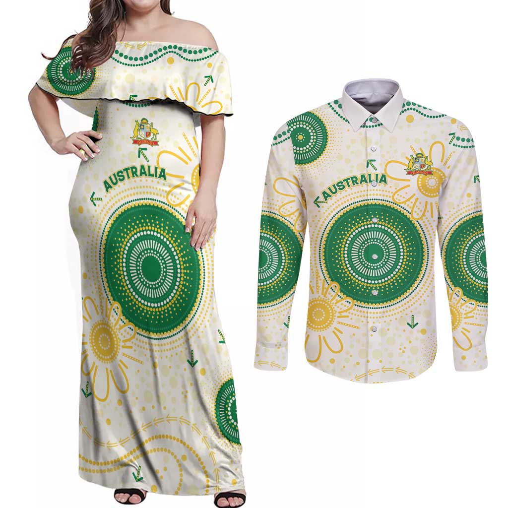 Custom Australia Cricket Couples Matching Off Shoulder Maxi Dress and Long Sleeve Button Shirt Aboriginal Pattern - Aussie Hoodie