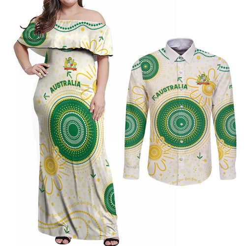 Custom Australia Cricket Couples Matching Off Shoulder Maxi Dress and Long Sleeve Button Shirt Aboriginal Pattern - Aussie Hoodie