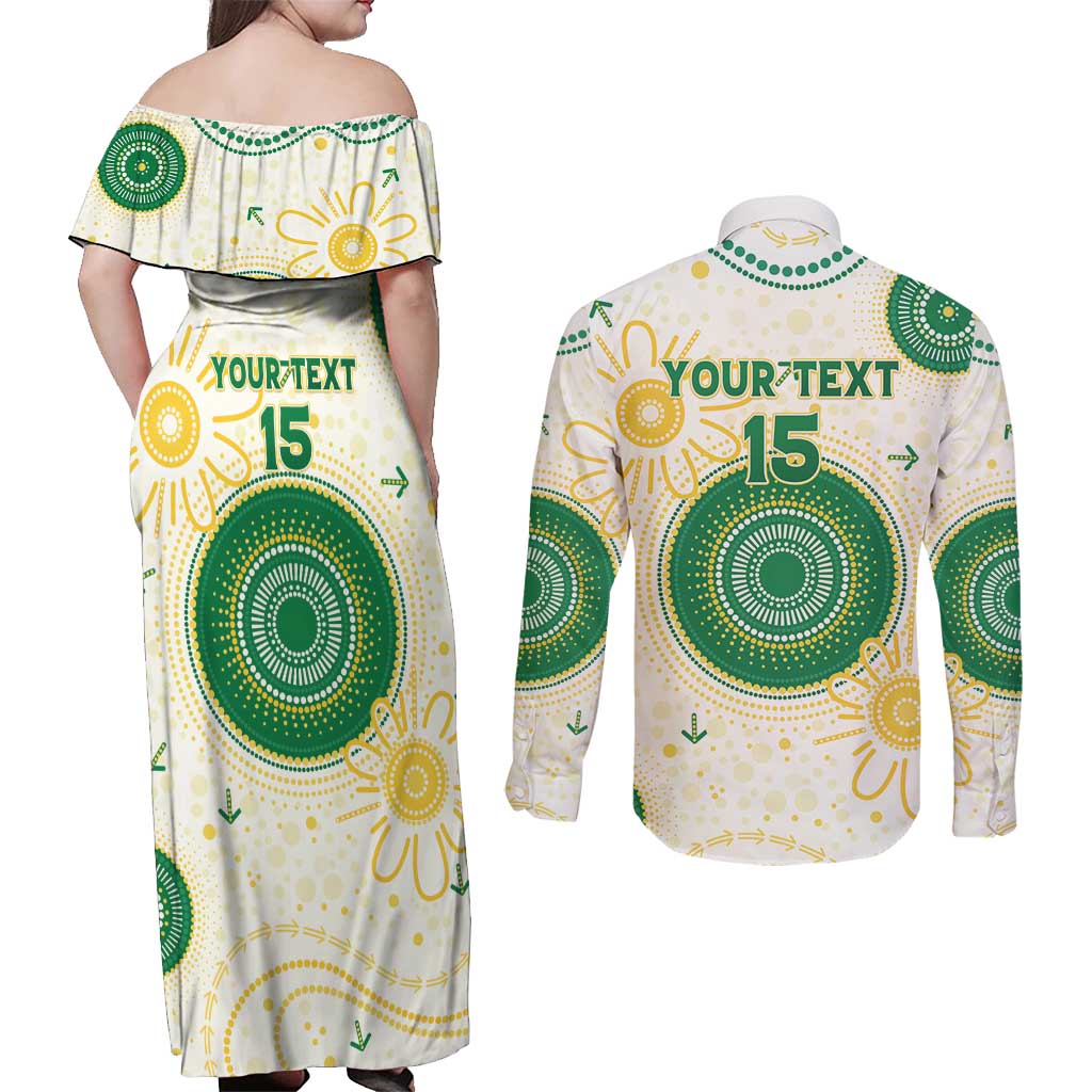 Custom Australia Cricket Couples Matching Off Shoulder Maxi Dress and Long Sleeve Button Shirt Aboriginal Pattern - Aussie Hoodie