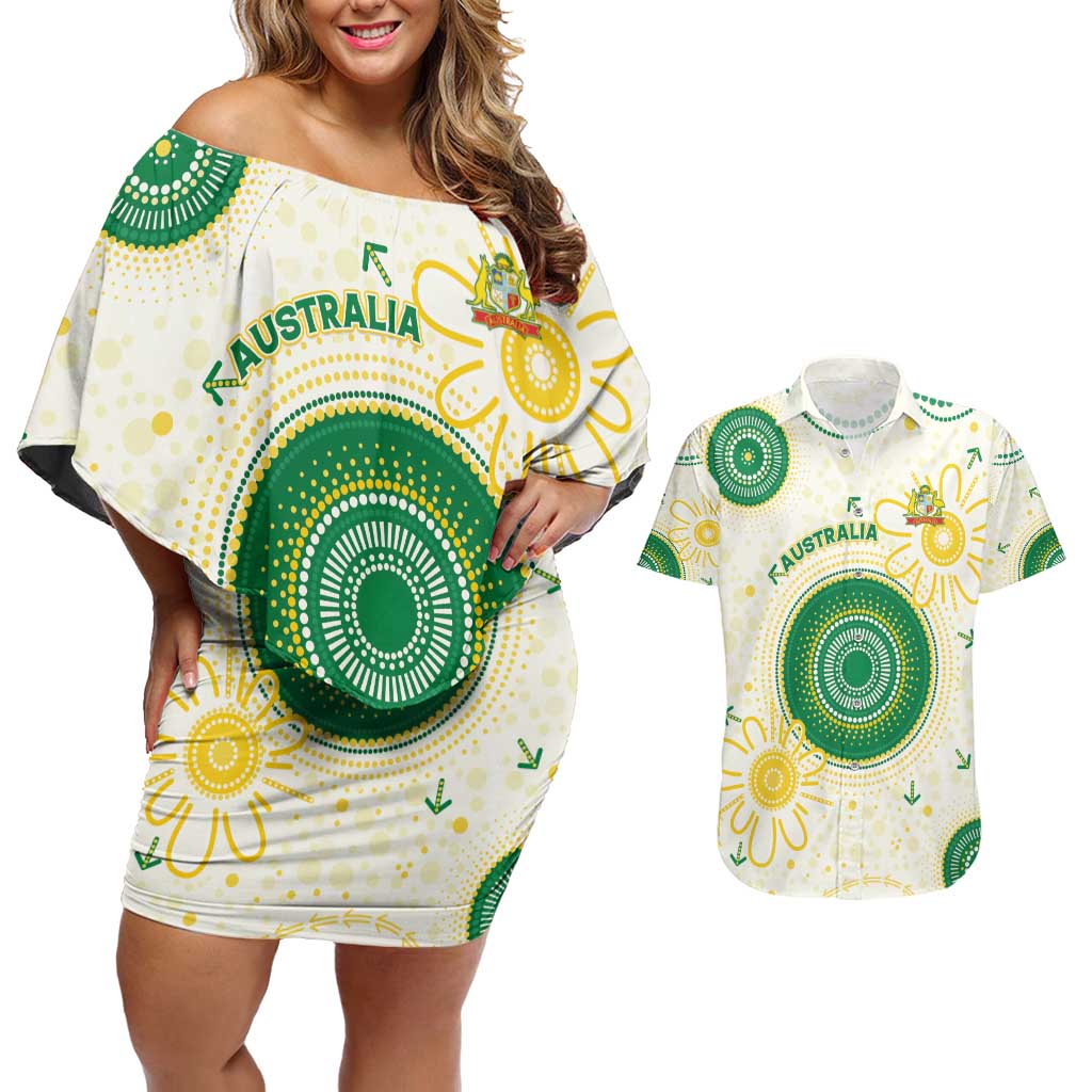 Custom Australia Cricket Couples Matching Off Shoulder Short Dress and Hawaiian Shirt Aboriginal Pattern - Aussie Hoodie