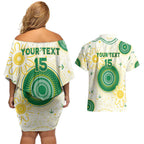 Custom Australia Cricket Couples Matching Off Shoulder Short Dress and Hawaiian Shirt Aboriginal Pattern - Aussie Hoodie