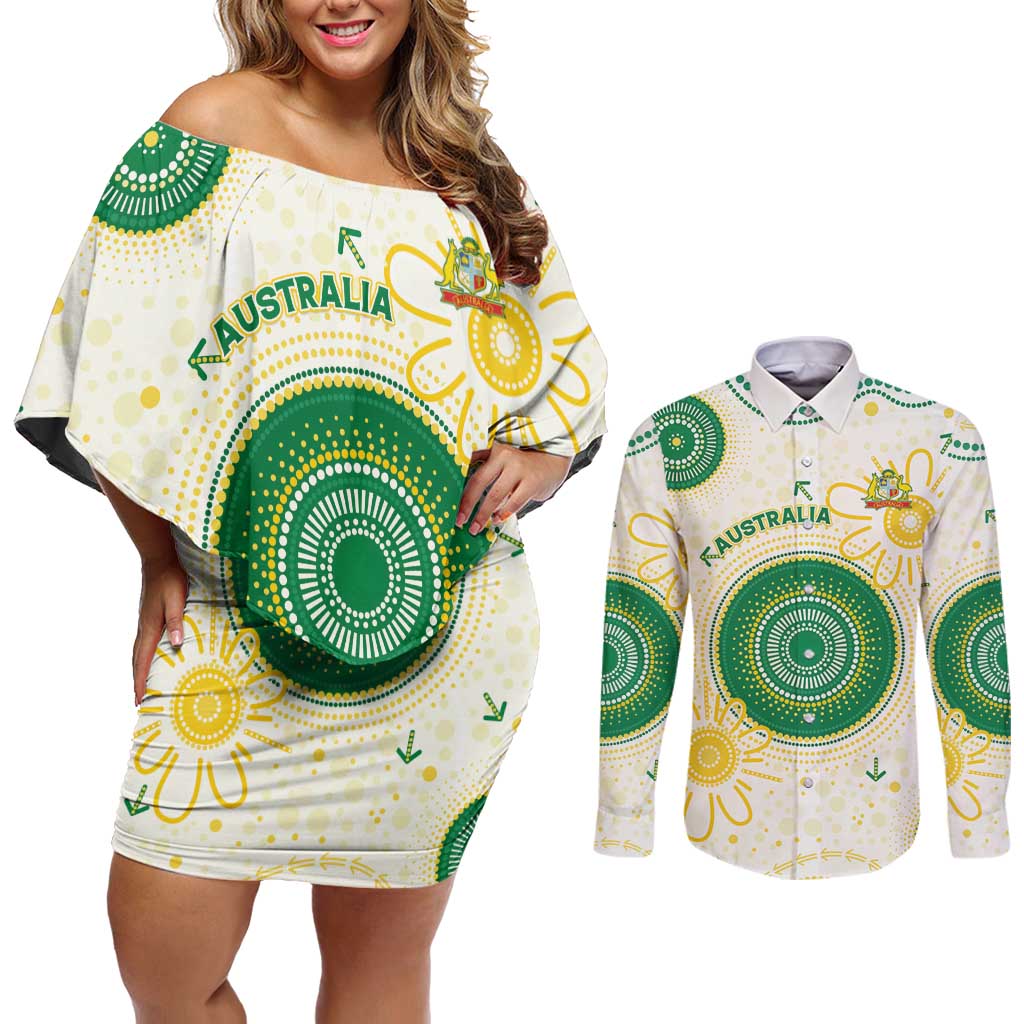 Custom Australia Cricket Couples Matching Off Shoulder Short Dress and Long Sleeve Button Shirt Aboriginal Pattern - Aussie Hoodie