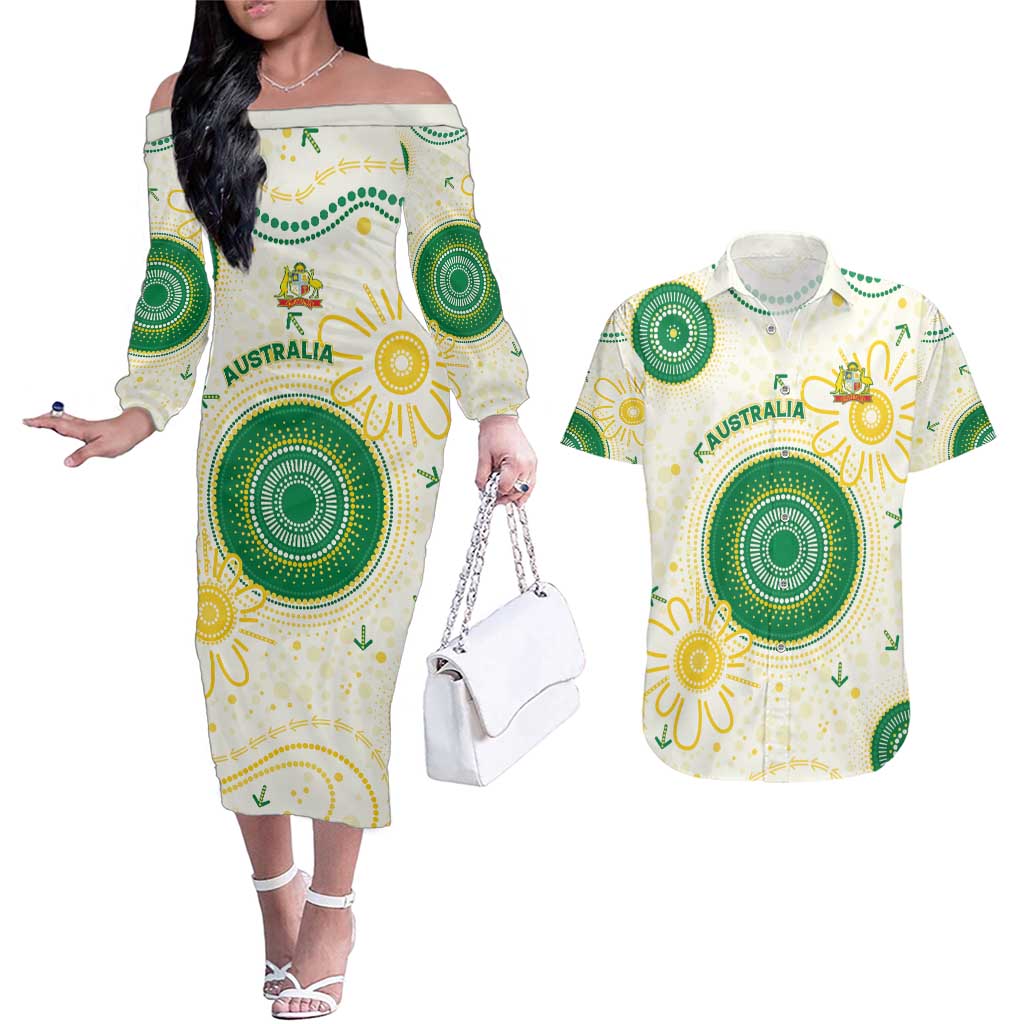 Custom Australia Cricket Couples Matching Off The Shoulder Long Sleeve Dress and Hawaiian Shirt Aboriginal Pattern - Aussie Hoodie