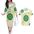 Custom Australia Cricket Couples Matching Off The Shoulder Long Sleeve Dress and Hawaiian Shirt Aboriginal Pattern - Aussie Hoodie