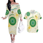 Custom Australia Cricket Couples Matching Off The Shoulder Long Sleeve Dress and Hawaiian Shirt Aboriginal Pattern - Aussie Hoodie