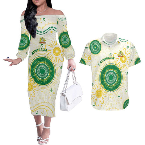 Custom Australia Cricket Couples Matching Off The Shoulder Long Sleeve Dress and Hawaiian Shirt Aboriginal Pattern - Aussie Hoodie
