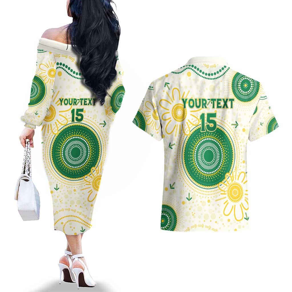 Custom Australia Cricket Couples Matching Off The Shoulder Long Sleeve Dress and Hawaiian Shirt Aboriginal Pattern - Aussie Hoodie