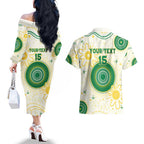 Custom Australia Cricket Couples Matching Off The Shoulder Long Sleeve Dress and Hawaiian Shirt Aboriginal Pattern - Aussie Hoodie