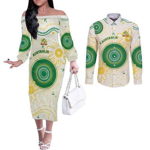 Custom Australia Cricket Couples Matching Off The Shoulder Long Sleeve Dress and Long Sleeve Button Shirt Aboriginal Pattern - Aussie Hoodie