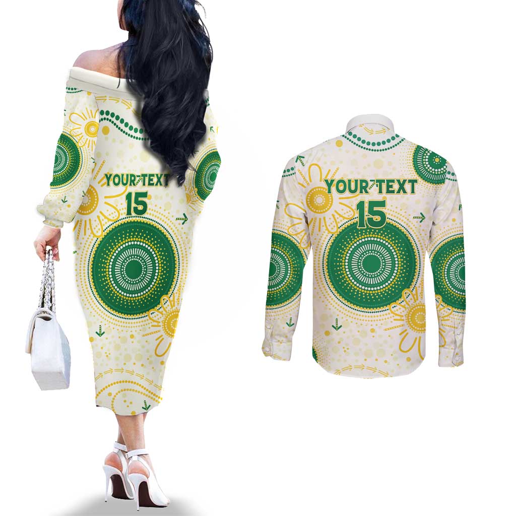 Custom Australia Cricket Couples Matching Off The Shoulder Long Sleeve Dress and Long Sleeve Button Shirt Aboriginal Pattern - Aussie Hoodie