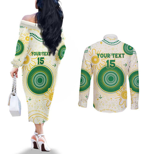Custom Australia Cricket Couples Matching Off The Shoulder Long Sleeve Dress and Long Sleeve Button Shirt Aboriginal Pattern - Aussie Hoodie