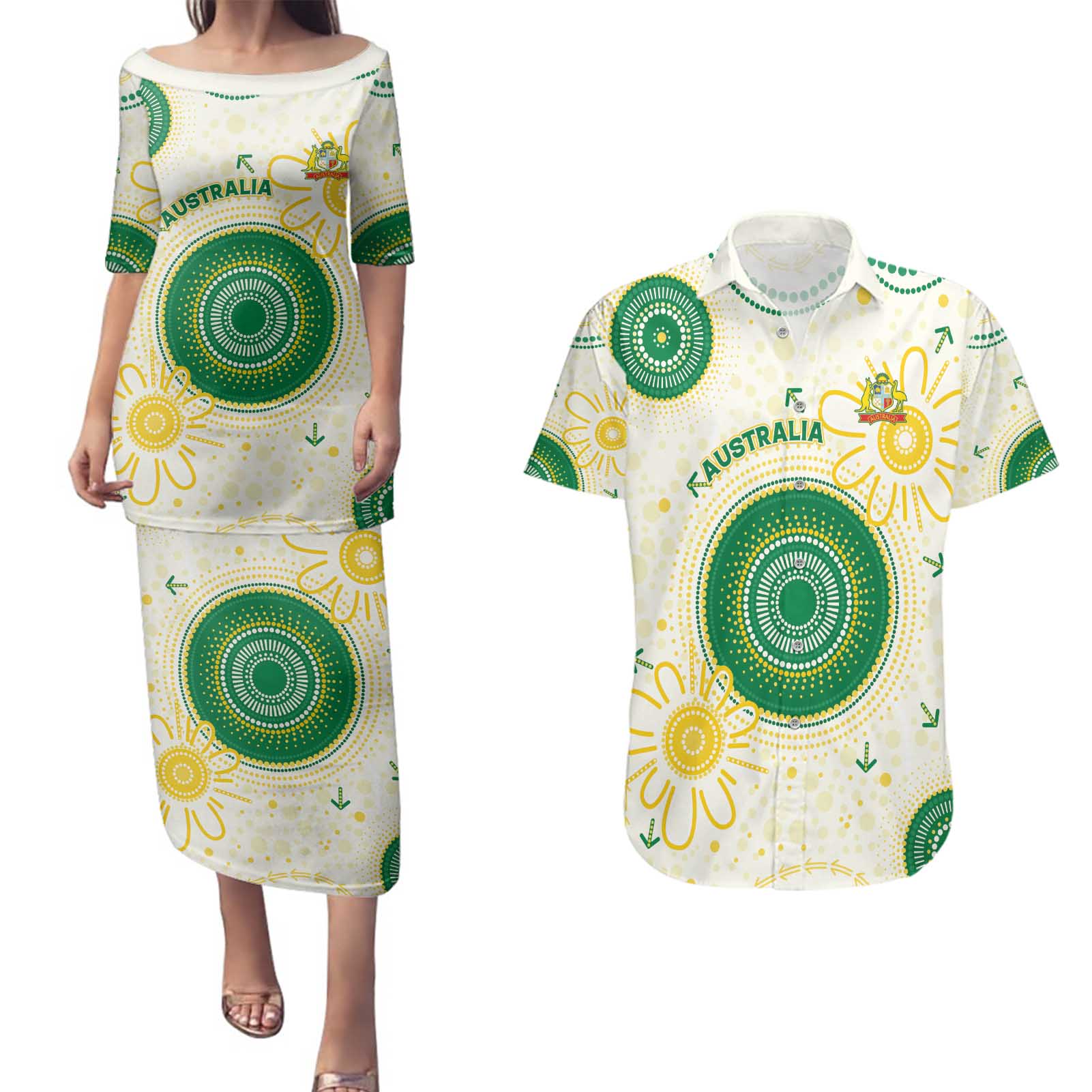 Custom Australia Cricket Couples Matching Puletasi and Hawaiian Shirt Aboriginal Pattern - Aussie Hoodie