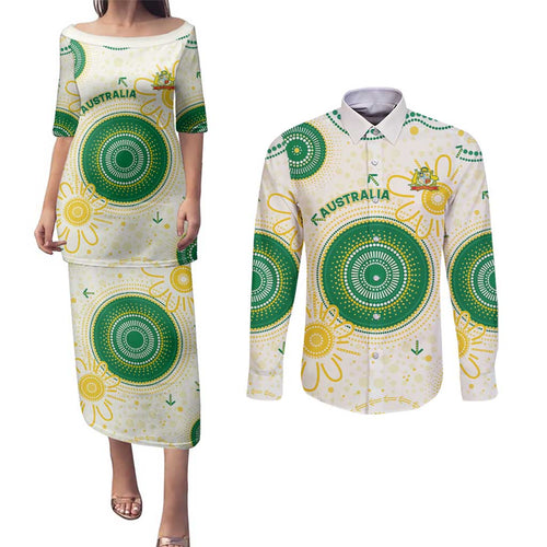 Custom Australia Cricket Couples Matching Puletasi and Long Sleeve Button Shirt Aboriginal Pattern - Aussie Hoodie