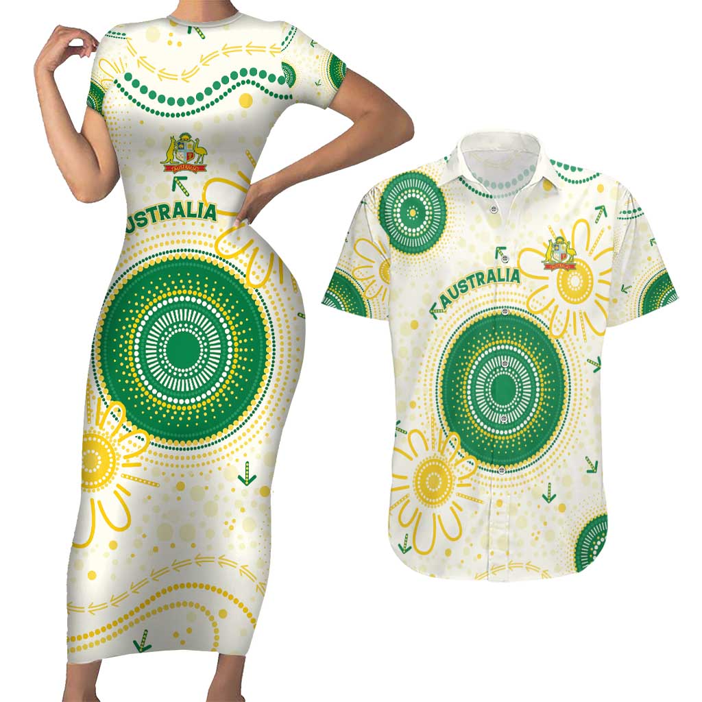 Custom Australia Cricket Couples Matching Short Sleeve Bodycon Dress and Hawaiian Shirt Aboriginal Pattern - Aussie Hoodie