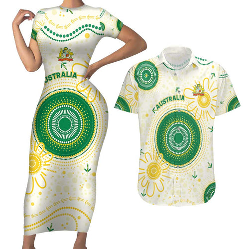 Custom Australia Cricket Couples Matching Short Sleeve Bodycon Dress and Hawaiian Shirt Aboriginal Pattern - Aussie Hoodie