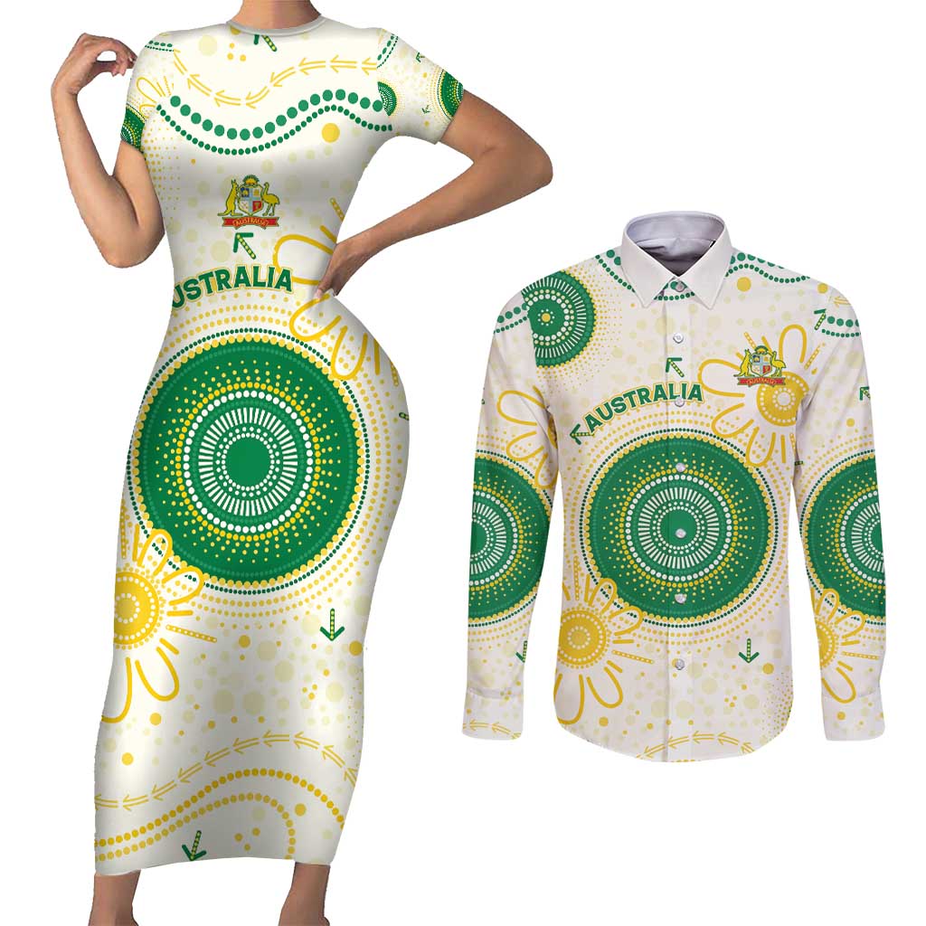 Custom Australia Cricket Couples Matching Short Sleeve Bodycon Dress and Long Sleeve Button Shirt Aboriginal Pattern - Aussie Hoodie