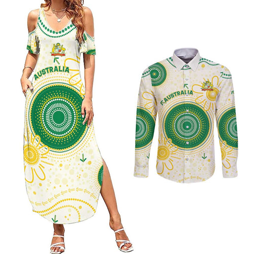 Custom Australia Cricket Couples Matching Summer Maxi Dress and Long Sleeve Button Shirt Aboriginal Pattern - Aussie Hoodie