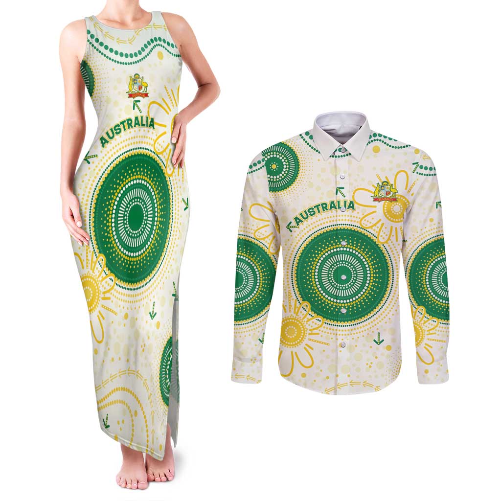 Custom Australia Cricket Couples Matching Tank Maxi Dress and Long Sleeve Button Shirt Aboriginal Pattern - Aussie Hoodie