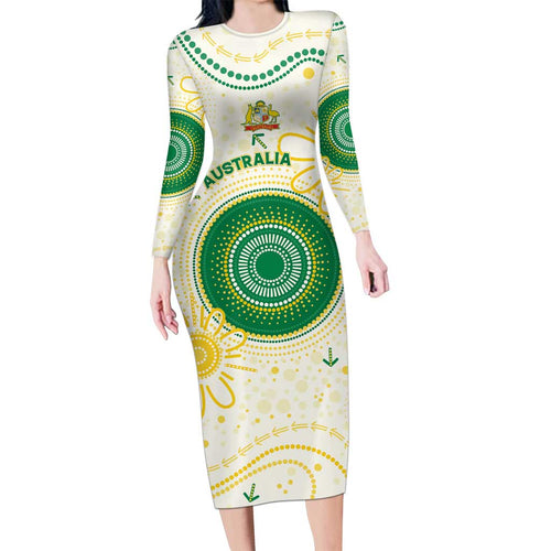 Custom Australia Cricket Family Matching Long Sleeve Bodycon Dress and Hawaiian Shirt Aboriginal Pattern - Aussie Hoodie